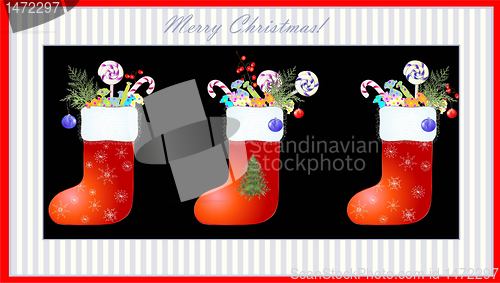 Image of Greeting card with a Santa's boot and gifts.