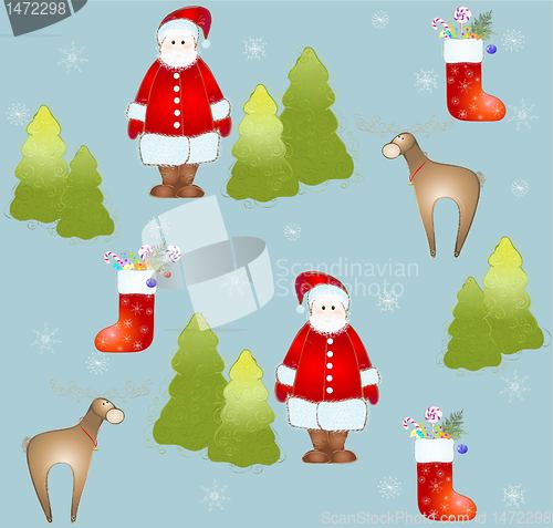 Image of Seamless background.Illustration Santa and deer and fur-tree and snowflakes.