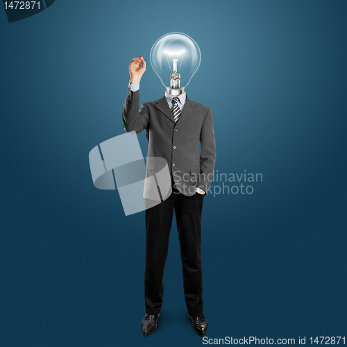 Image of lamp head businessman writing something