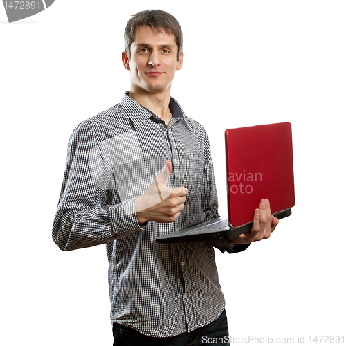 Image of male with laptop in his hands well done