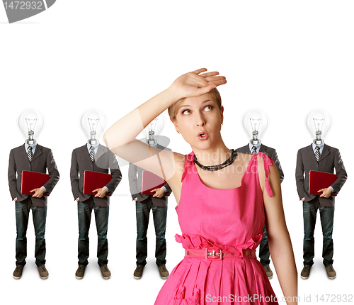 Image of woman and lamp head businesspeople with laptop