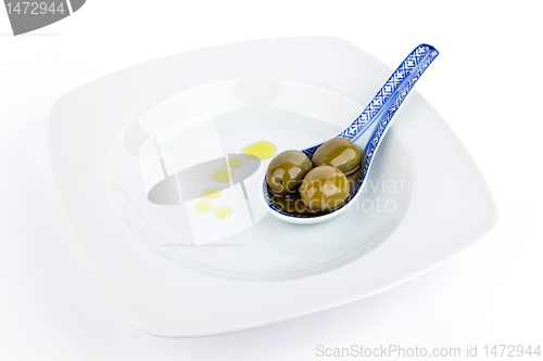 Image of Olives on  spoon.