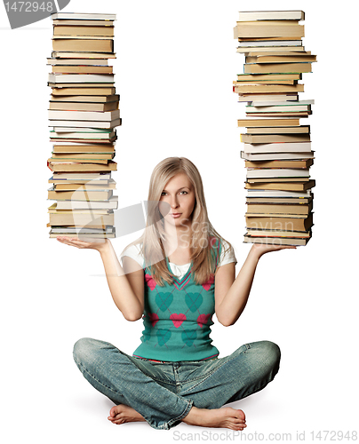 Image of woman in lotus pose with many books in her hands