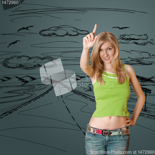 Image of young woman with up finger