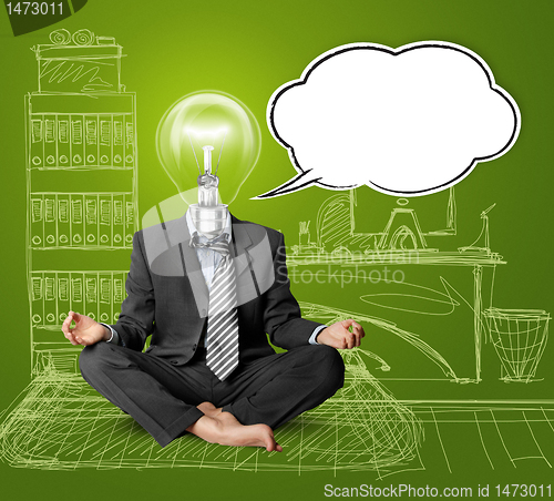 Image of lamp-head businessman in lotus pose with speech bubble