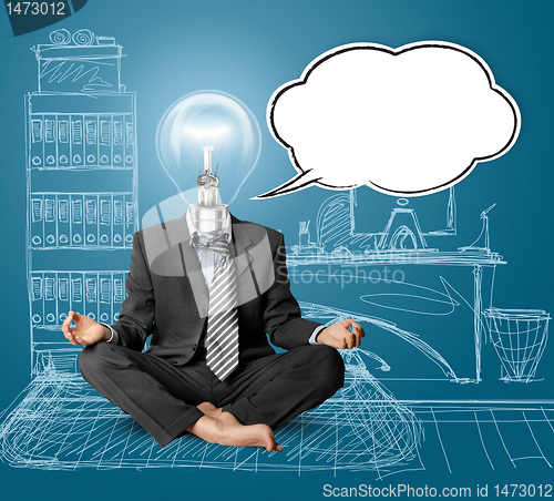 Image of lamp-head businessman in lotus pose with speech bubble