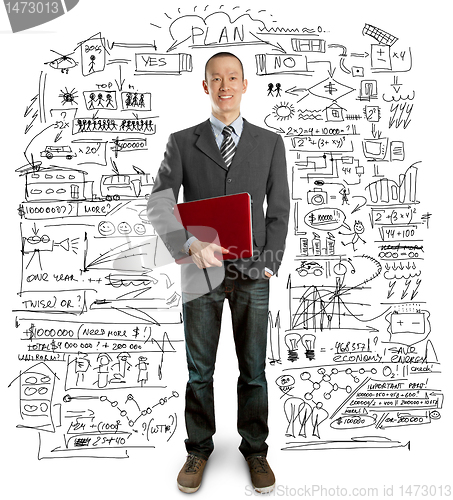 Image of male in suit with laptop in his hands