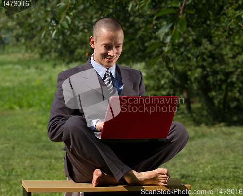 Image of male in lotus pose outdoors