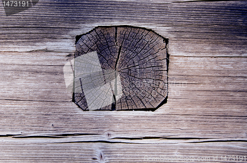 Image of Ancient wooden house wall made of logs and planks.