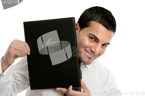 Image of Smiling waiter or businessman