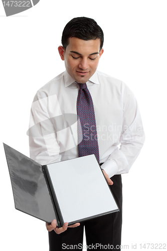 Image of Businessman or waiter holding a brochure or menu