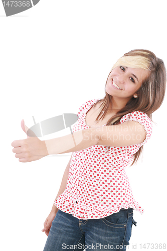 Image of a beautiful smiling woman making ok sign 