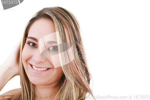 Image of attractive smiling woman portrait on white background 