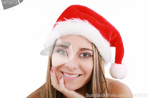 Image of Portrait of beautiful woman wearing santa claus hat on white bac