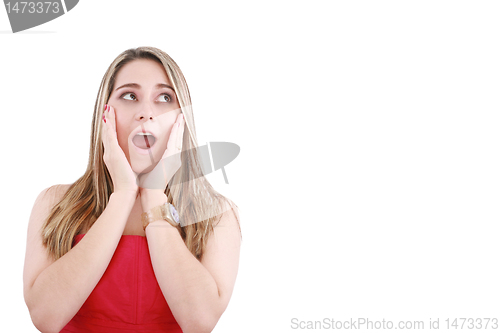 Image of bright picture of surprised woman face over white 