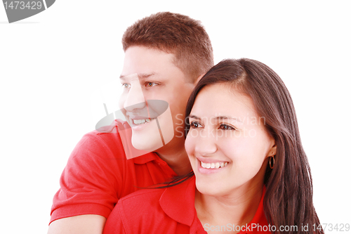 Image of happy young couple smiling looking away, isolated on white