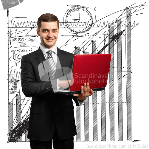 Image of male in suit with laptop in his hands