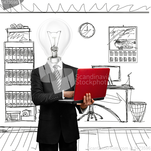Image of lamp head businessman with laptop
