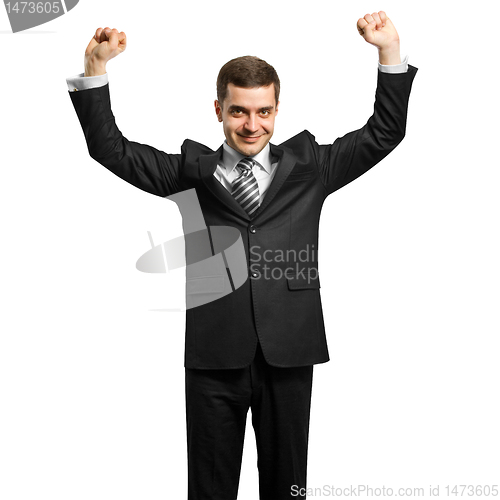 Image of businessman with hands up