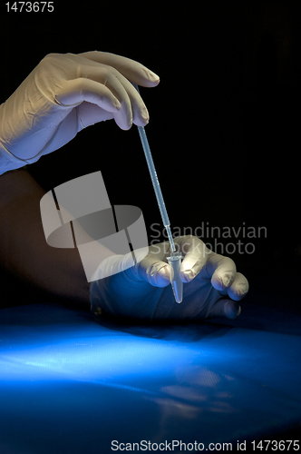 Image of Hands in white gloves hold pipette