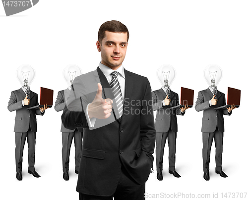 Image of lamp head business people with laptops