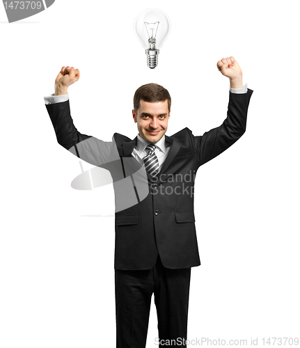 Image of lamp-head businessman with hands up