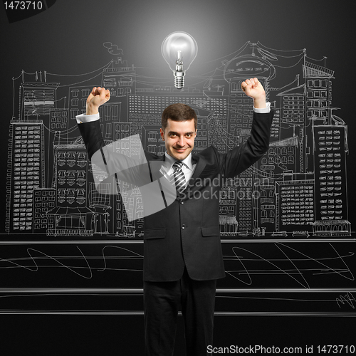 Image of lamp-head businessman with hands up