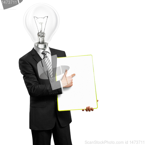 Image of lamp head businessman with empty write board