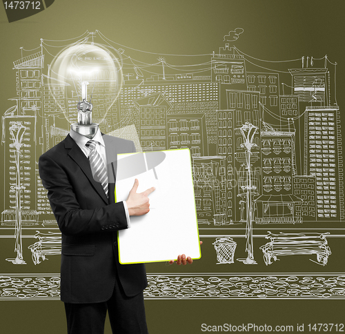 Image of lamp head businessman with empty write board