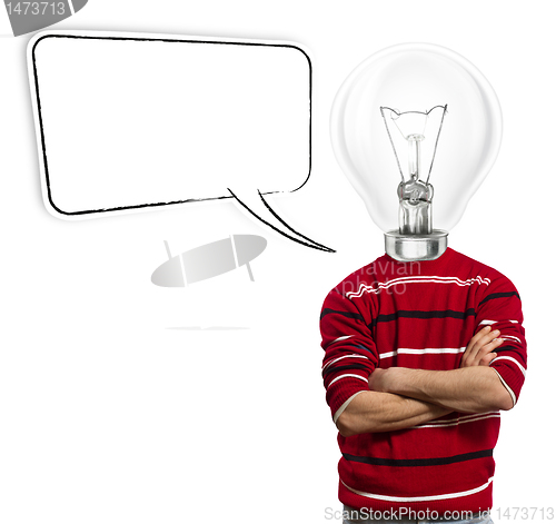 Image of male in red and lamp-head with speech bubble