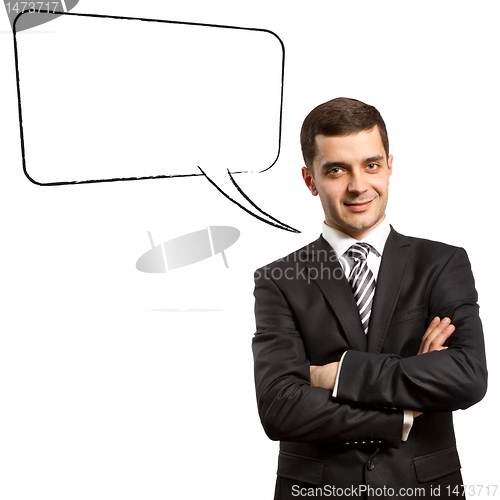 Image of male in suit with crossed hands and thought bubble