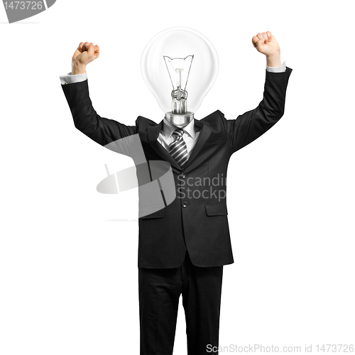 Image of lamp-head businessman with hands up