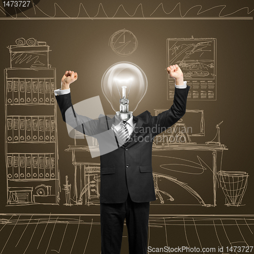 Image of lamp-head businessman with hands up