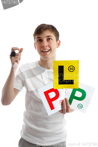 Image of Teenager with car licence plates looking up