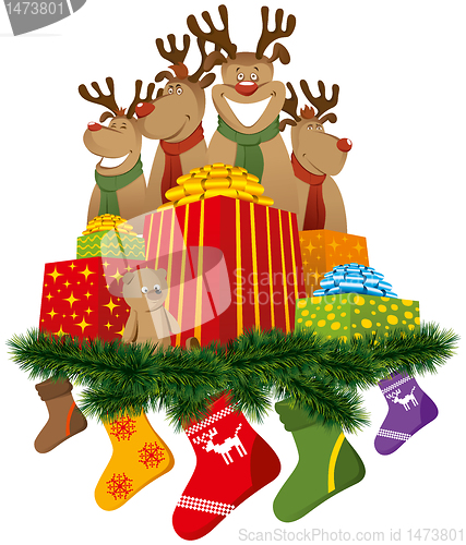 Image of christmas reindeer with christmas socks and gifts