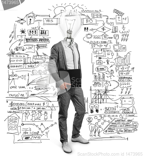 Image of lamp head businessman with laptop