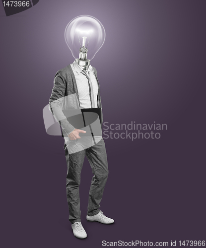 Image of lamp head businessman with laptop