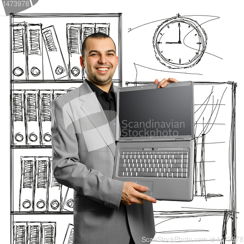 Image of businessman with open laptop in his hands