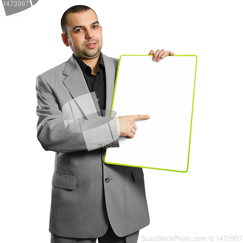Image of happy businesswoman holding blank white card