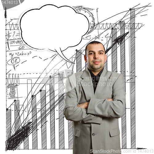Image of male in suit with crossed hands and speech bubble