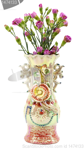 Image of Ornate vase with pink carnations on white background