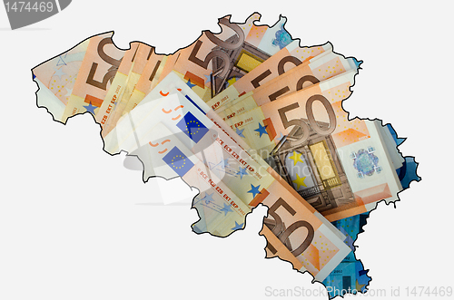 Image of Outline map of Belgium with euro banknotes in background 