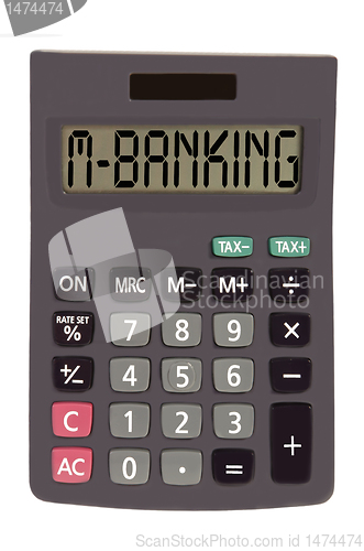 Image of Old calculator on white background showing text "m-banking"