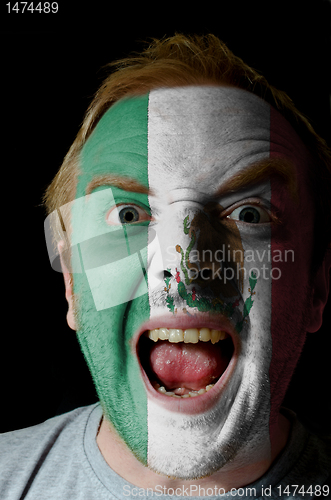 Image of Face of crazy angry man painted in colors of mexico flag