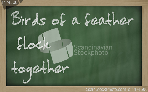 Image of " Birds of a feather flock together " written on a blackboard