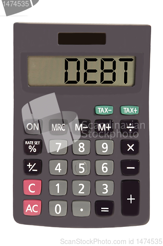 Image of Old calculator on white background showing text "debt"