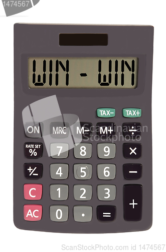 Image of Old calculator on white background showing text "win - win"