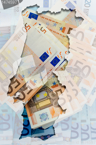 Image of Outline map of Portugal with transparent euro banknotes in backg