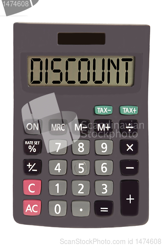 Image of Old calculator on white background showing text "discount"