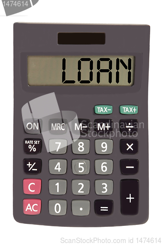 Image of Old calculator on white background showing text "loan"